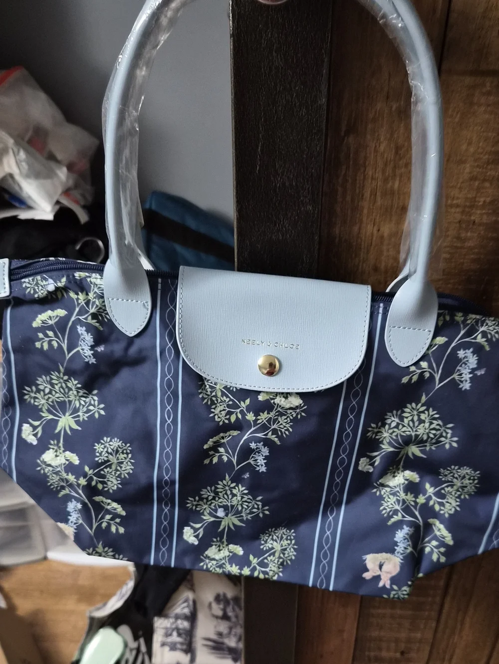 Navy Floral Tote with Light Blue Trim - Women’s Everyday Shoulder Bag